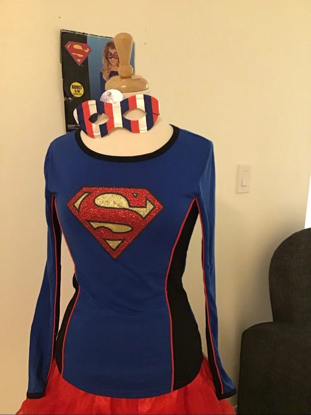 Girls Supergirl-Inspired Blue and Red Superhero Costume Dress with Mask
